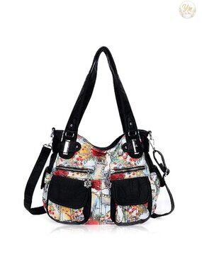 Washed PU Leather Hobo Tote Handbag Multi Pocket Double Zipper